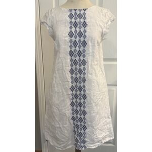 100% Linen Dress Sz XS House Of Pom White Embroidered Lined Coastal Preppy Work